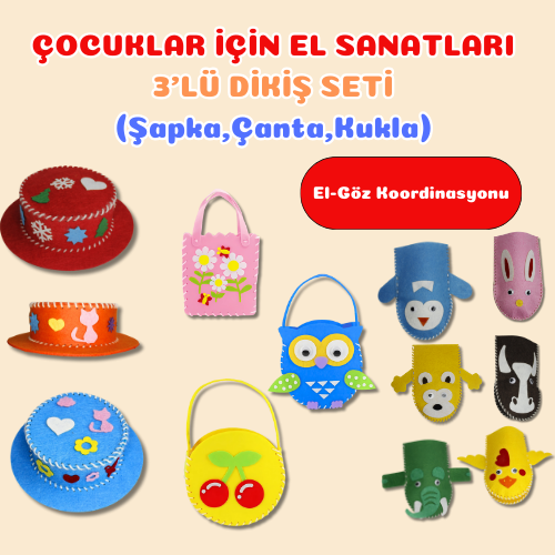 MiniMinnak® Çocuk Gelişim Kiti-3'lü Dikiş Seti(Şapka,Çanta,Kukla) (2. ÜRÜNE %50 İNDİRİM!!!)