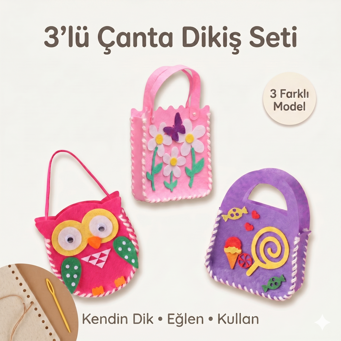 3’lü Keçe Çanta Dikiş Seti | (2. ÜRÜNE %50 İNDİRİM!!!)